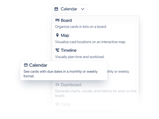 screenshot of Calendar view selected on a Trello board